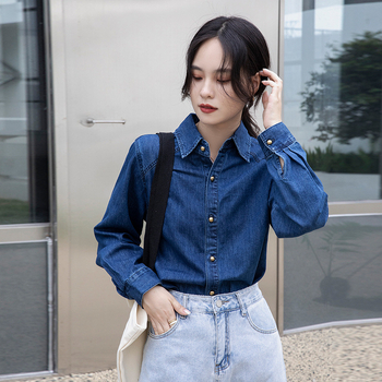 Plava denim košuljo-jakna za žene, proljeće 2025, retro, svestran široki kroj, dugi rukav, za manje veličine