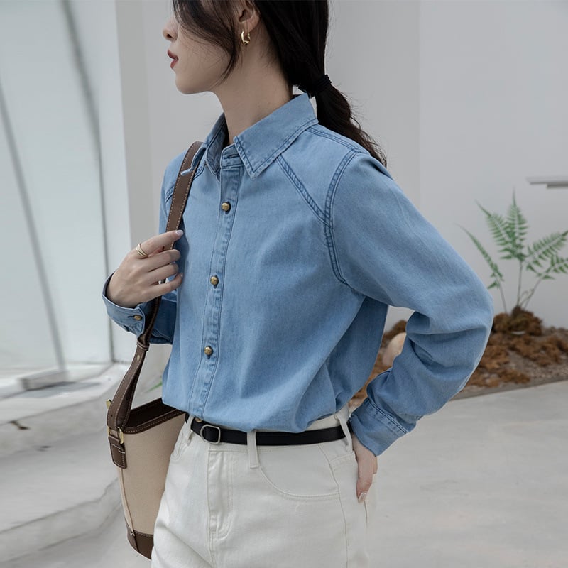 Plava denim košuljo-jakna za žene, proljeće 2025, retro, svestran široki kroj, dugi rukav, za manje veličine