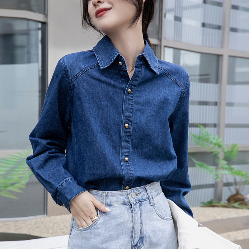 Plava denim košuljo-jakna za žene, proljeće 2025, retro, svestran široki kroj, dugi rukav, za manje veličine