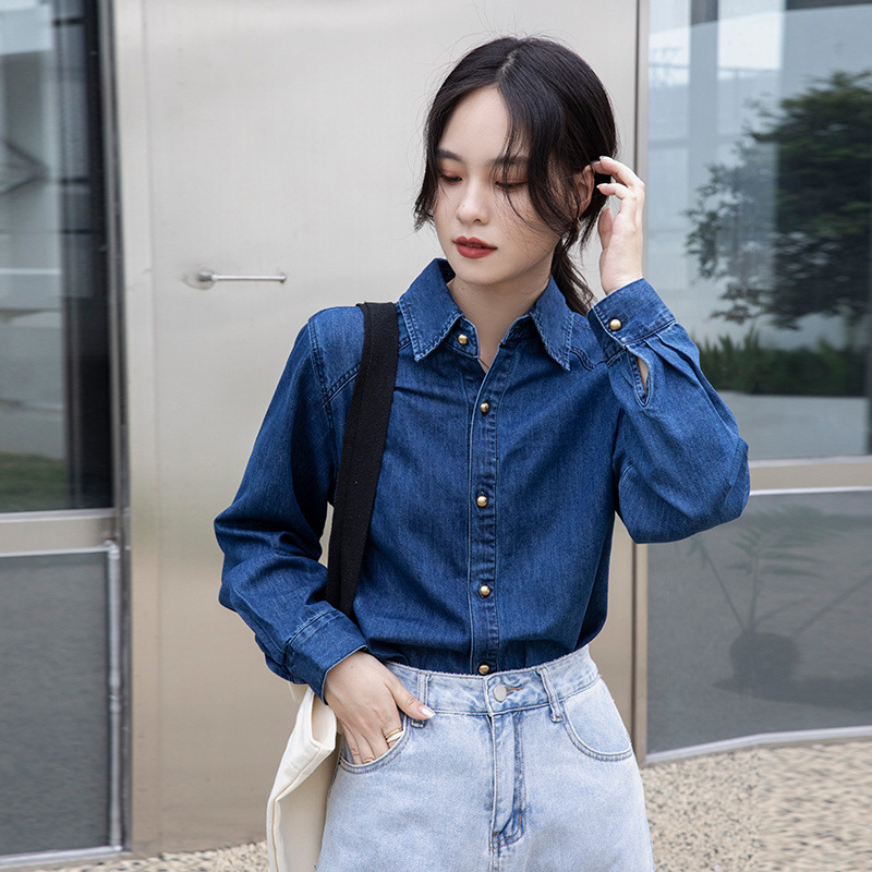 Plava denim košuljo-jakna za žene, proljeće 2025, retro, svestran široki kroj, dugi rukav, za manje veličine