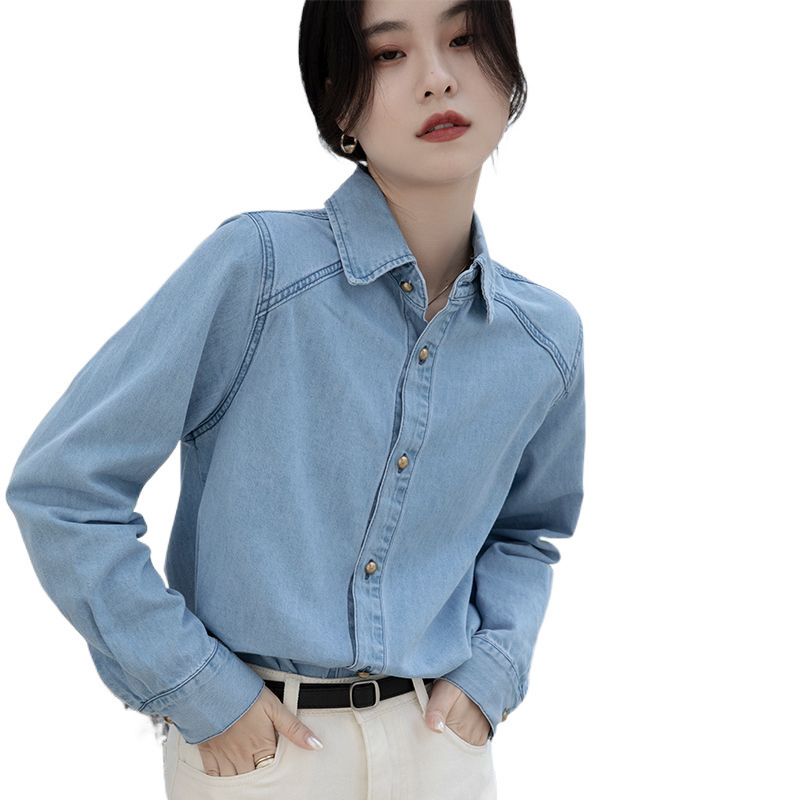 Plava denim košuljo-jakna za žene, proljeće 2025, retro, svestran široki kroj, dugi rukav, za manje veličine