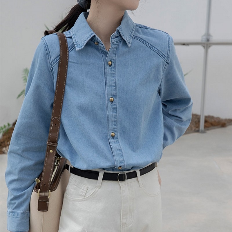 Plava denim košuljo-jakna za žene, proljeće 2025, retro, svestran široki kroj, dugi rukav, za manje veličine
