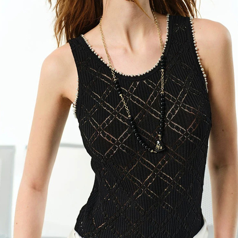 Top fără mâneci din Ice Silk, tricotat, croială Slim Fit, guler rotund, vara 2025, spandex sub 30%