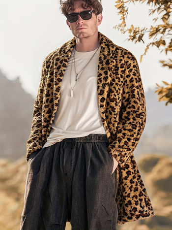 Muški zimski kaput od pliša s leopard printom, rever, kopčano zatvaranje, topao, svakodnevni stil.