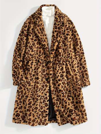 Muški zimski kaput od pliša s leopard printom, rever, kopčano zatvaranje, topao, svakodnevni stil.