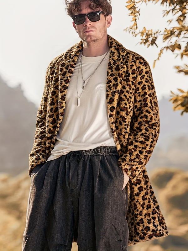 Muški zimski kaput od pliša s leopard printom, rever, kopčano zatvaranje, topao, svakodnevni stil.