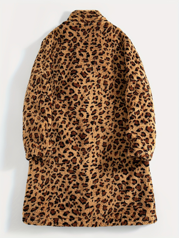 Muški zimski kaput od pliša s leopard printom, rever, kopčano zatvaranje, topao, svakodnevni stil.