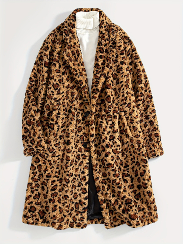 Muški zimski kaput od pliša s leopard printom, rever, kopčano zatvaranje, topao, svakodnevni stil.