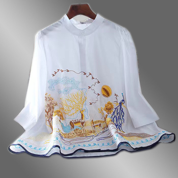 Top de dama mărime mare cu broderie puternică, croială lejeră casual, din bumbac, guler înalt, mâneci 3/4