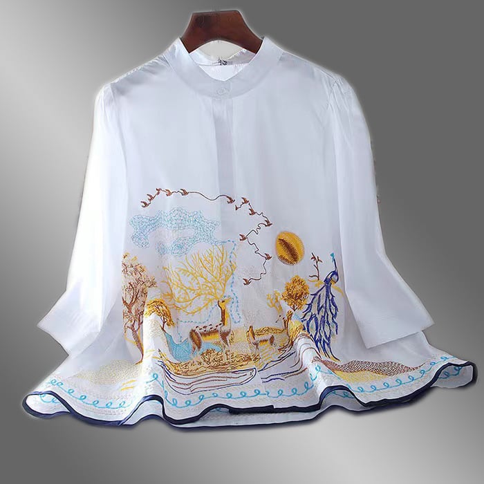 Top de dama mărime mare cu broderie puternică, croială lejeră casual, din bumbac, guler înalt, mâneci 3/4