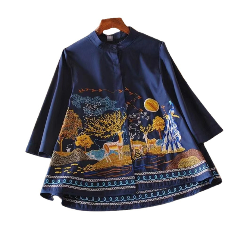 Top de dama mărime mare cu broderie puternică, croială lejeră casual, din bumbac, guler înalt, mâneci 3/4