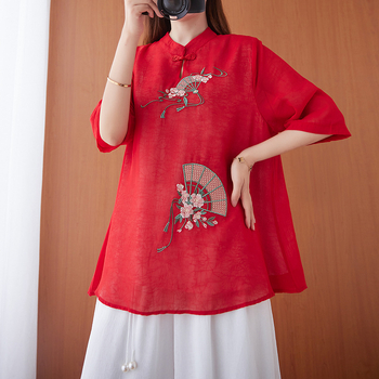 Etnikus stílusú hímzett ing álló gallérral, laza szabás, pamut-lin összetétel, virágos mintázat