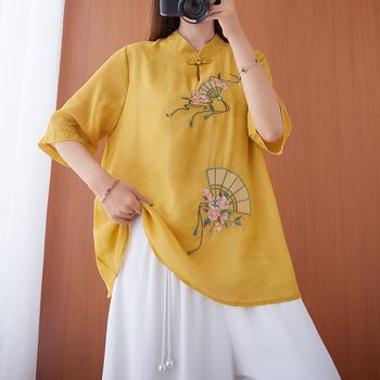 Etnikus stílusú hímzett ing álló gallérral, laza szabás, pamut-lin összetétel, virágos mintázat