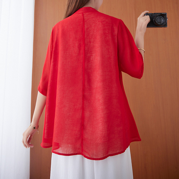 Etnikus stílusú hímzett ing álló gallérral, laza szabás, pamut-lin összetétel, virágos mintázat