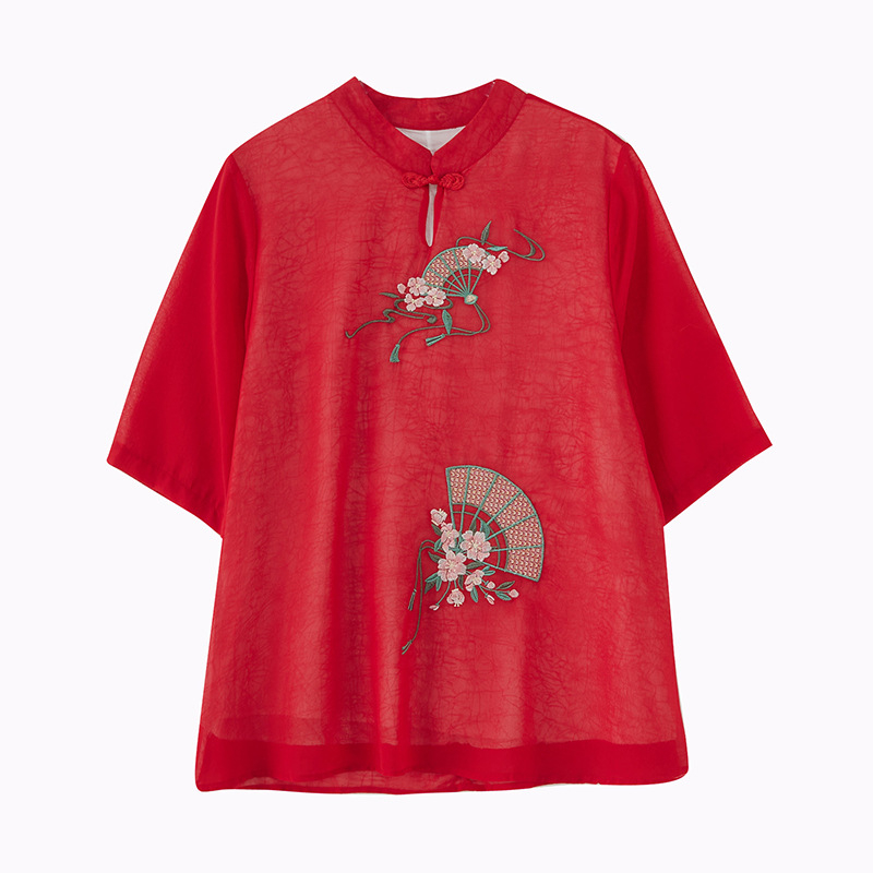 Etnikus stílusú hímzett ing álló gallérral, laza szabás, pamut-lin összetétel, virágos mintázat