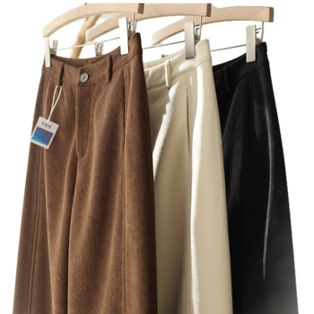 Ženske hlače od korduroja s fleece podlogom, visoki struk, opuštena ravna kroj, debele i tople za jesen i zimu