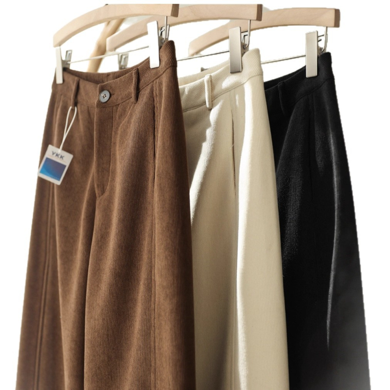 Ženske hlače od korduroja s fleece podlogom, visoki struk, opuštena ravna kroj, debele i tople za jesen i zimu