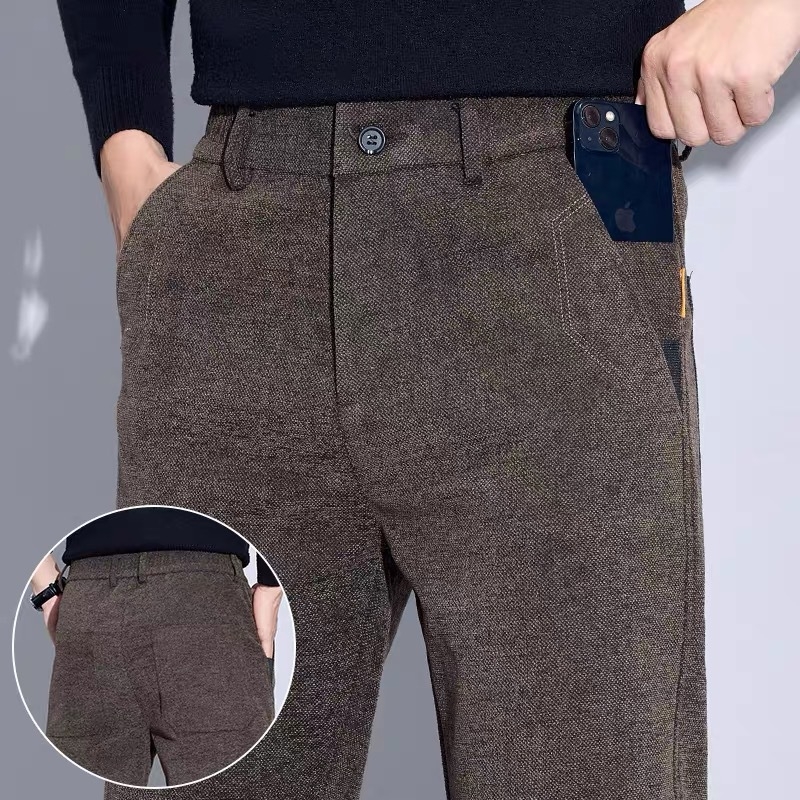 Muške zimske hlače od chenille s flisom, ravnog kroja, poslovno casual stil, srednji pojas s remenom i zatvaračem