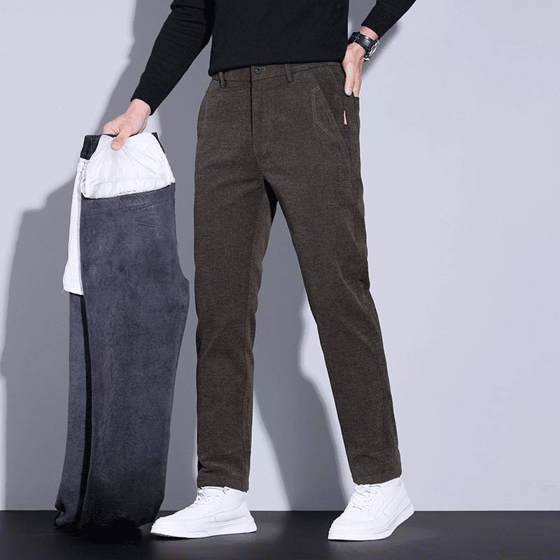 Muške zimske hlače od chenille s flisom, ravnog kroja, poslovno casual stil, srednji pojas s remenom i zatvaračem