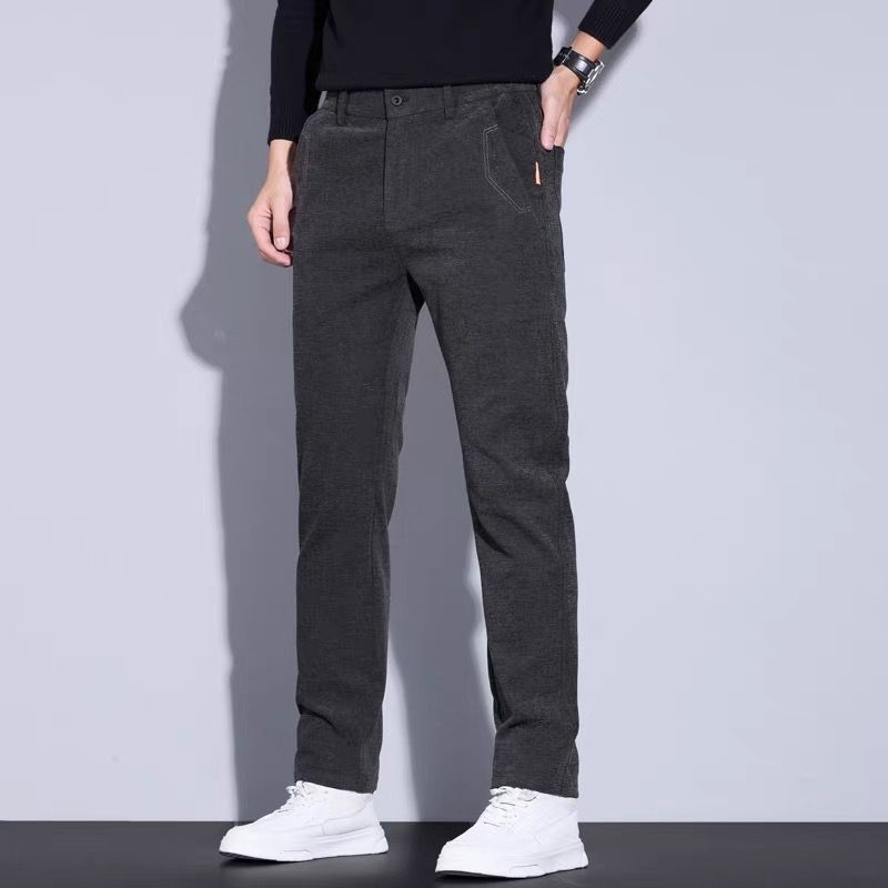 Muške zimske hlače od chenille s flisom, ravnog kroja, poslovno casual stil, srednji pojas s remenom i zatvaračem
