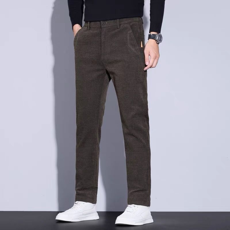 Muške zimske hlače od chenille s flisom, ravnog kroja, poslovno casual stil, srednji pojas s remenom i zatvaračem
