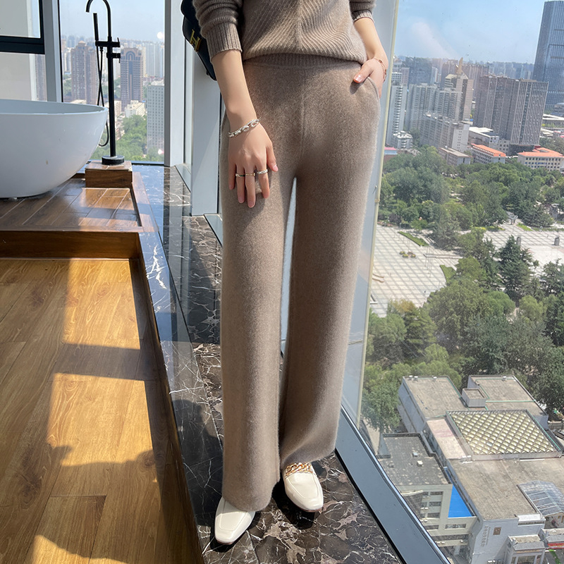 Ženske ravne hlače od vune, visoki struk, dugi, debeli, 95%+ vuna, elegantan gradski stil
