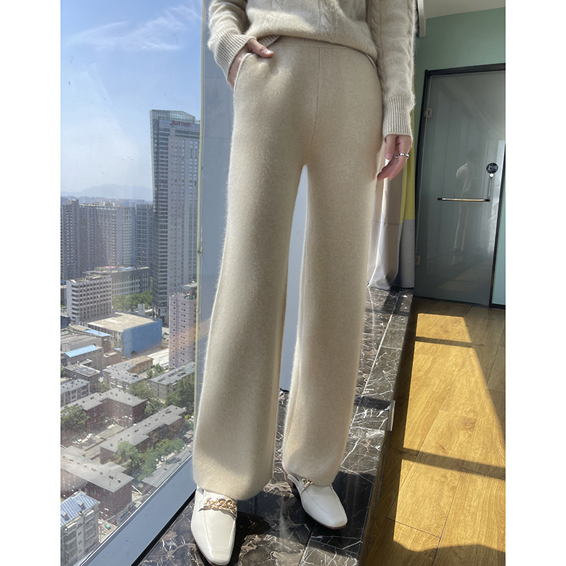 Ženske ravne hlače od vune, visoki struk, dugi, debeli, 95%+ vuna, elegantan gradski stil