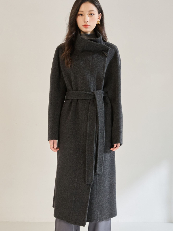 Γυναικείο παλτό από μαλλί, ψηλό γιακά, μακριά γραμμή, κλείσιμο με ένα κουμπί, 70-80% μαλλί