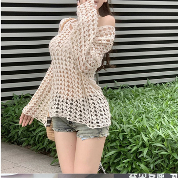 Дамски топ с мрежеста дантела кроше, дълги ръкави, кръгло деколте, памучна материя, ръчна изработка