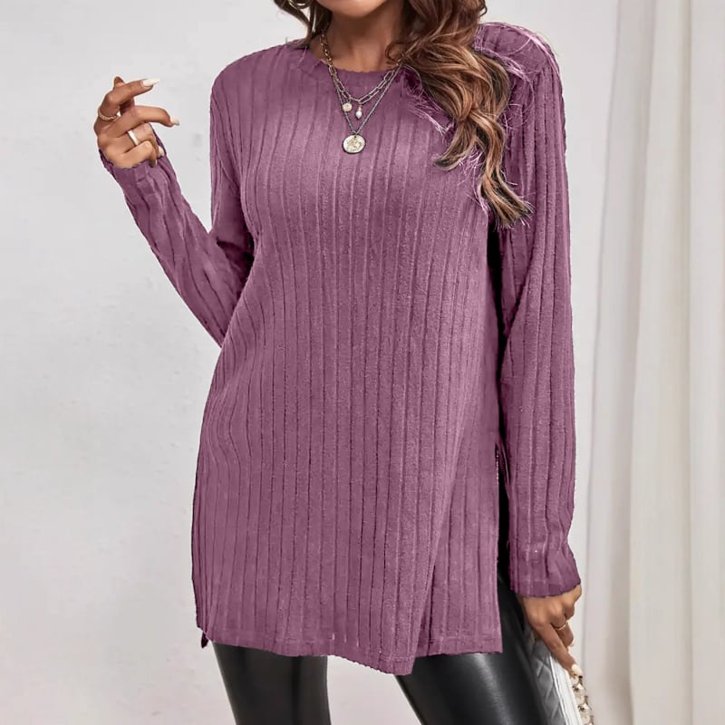 Top pentru femei, stil japonez-coreean de relaxare, mâneci lungi, guler rotund, material poliester cu elastan, lungime normală 50–65 cm