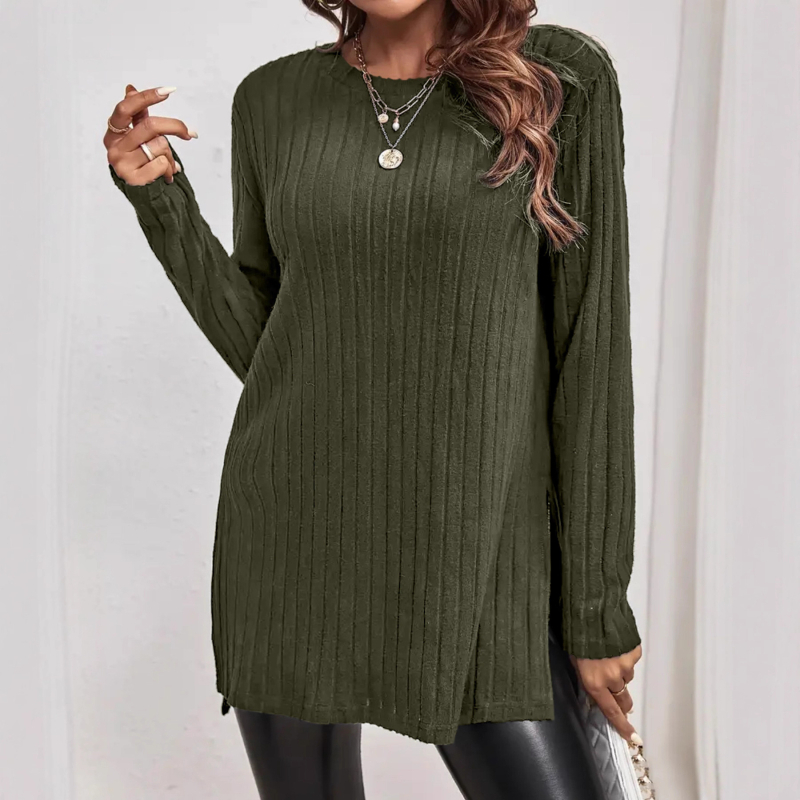 Top pentru femei, stil japonez-coreean de relaxare, mâneci lungi, guler rotund, material poliester cu elastan, lungime normală 50–65 cm