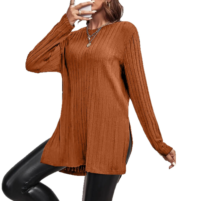 Top pentru femei, stil japonez-coreean de relaxare, mâneci lungi, guler rotund, material poliester cu elastan, lungime normală 50–65 cm