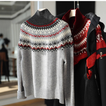 Pulover damă din lână pură, jacquard, guler polo, mâneci lungi, croială lejeră