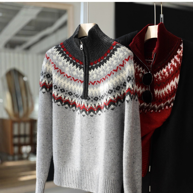 Pulover damă din lână pură, jacquard, guler polo, mâneci lungi, croială lejeră