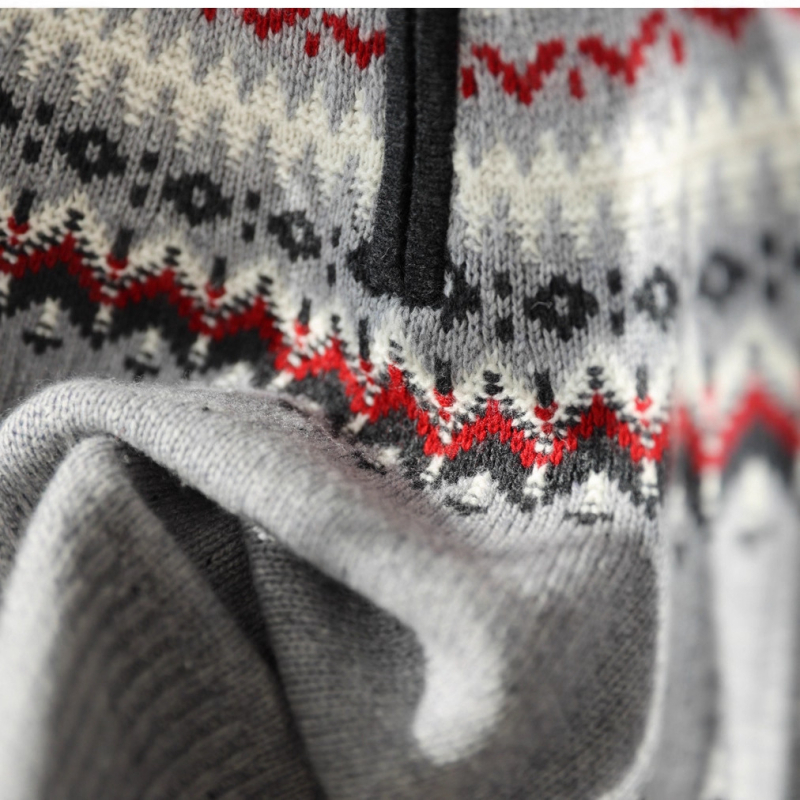 Pulover damă din lână pură, jacquard, guler polo, mâneci lungi, croială lejeră