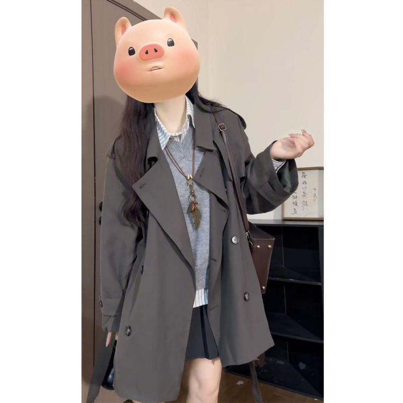 Ženski srednje duljine windbreaker kaput, poliester tkanina, jedinstveni jednofarbni uzorak, duge rukave, ležeran kroj, dvostruko kopčanje