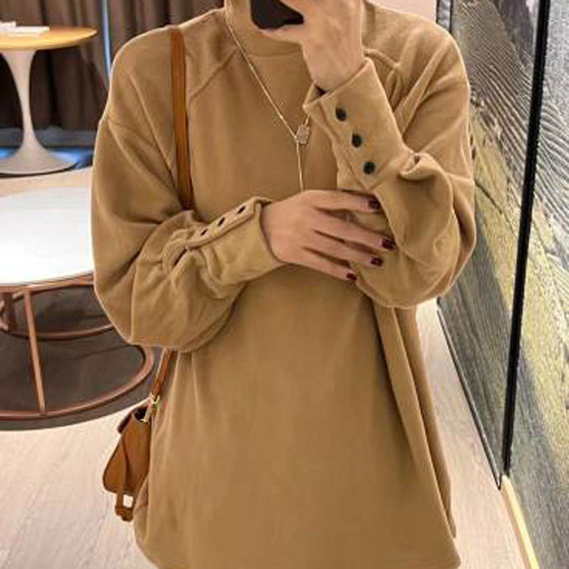 Poliesterska majica srednje duljine, duge rukave, ležernog kroja, half-turtleneck ovratnik, jednobojna, japansko-korejski ležerni stil