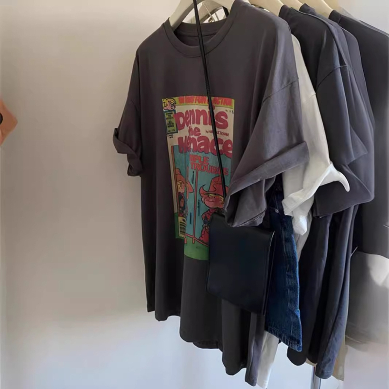 Ženski pamučni T-shirt s printom crtanog lika, ležernog kroja, kratkih rukava, okrugli izrez – ljeto 2025