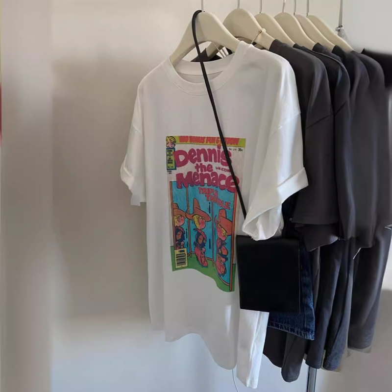 Ženski pamučni T-shirt s printom crtanog lika, ležernog kroja, kratkih rukava, okrugli izrez – ljeto 2025