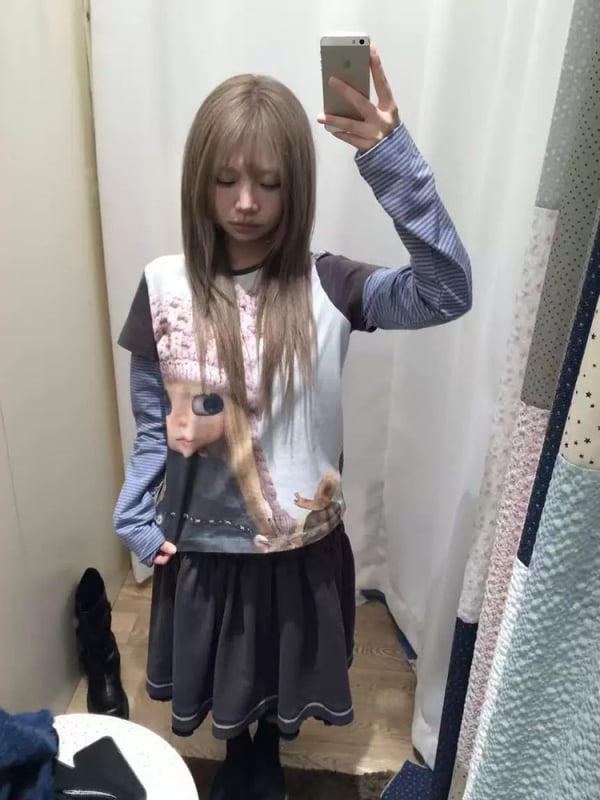 Majica s dugim rukavima, 95% pamuk, digitalna tiskovina s anime, lažni dvodijelni dizajn, svakodnevni ležerni top u japansko-korejskom stilu