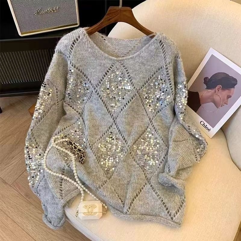 Ženski pulover, opuštenijeg kroja, gradski stil, dugi rukav, okrugli izrez