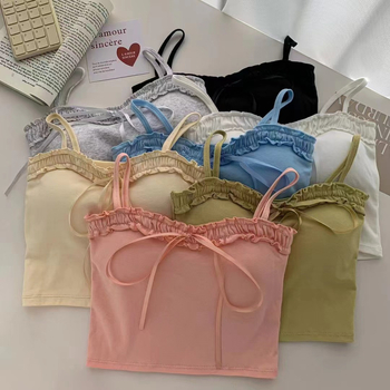 Camisolă din bumbac cu funda, lungime scurtă, cu pernă încorporată pentru bust, croială slim