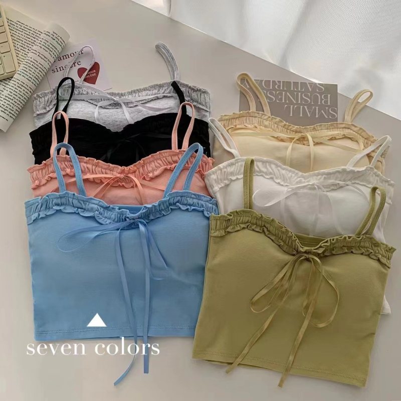 Camisolă din bumbac cu funda, lungime scurtă, cu pernă încorporată pentru bust, croială slim