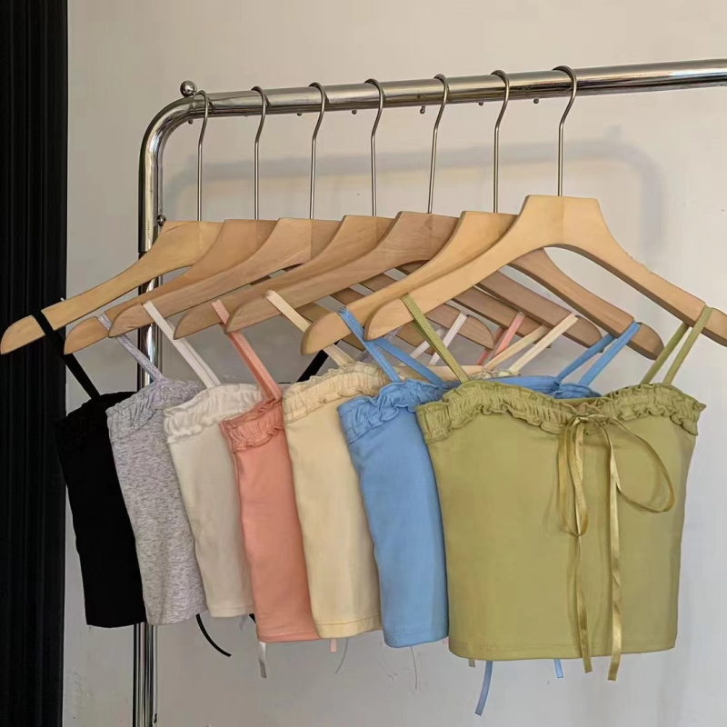 Camisolă din bumbac cu funda, lungime scurtă, cu pernă încorporată pentru bust, croială slim