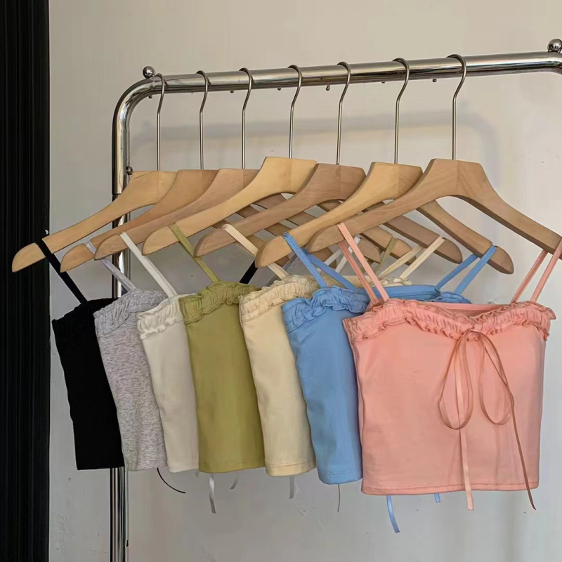 Camisolă din bumbac cu funda, lungime scurtă, cu pernă încorporată pentru bust, croială slim