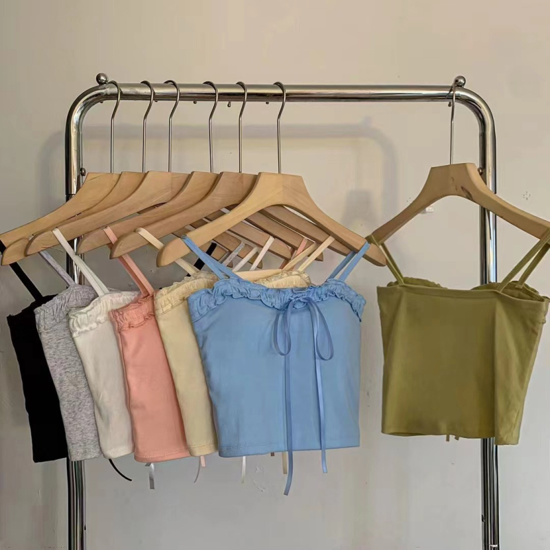 Camisolă din bumbac cu funda, lungime scurtă, cu pernă încorporată pentru bust, croială slim