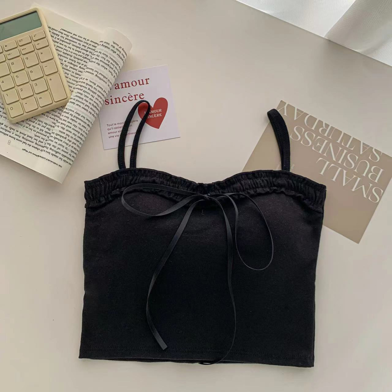 Camisolă din bumbac cu funda, lungime scurtă, cu pernă încorporată pentru bust, croială slim