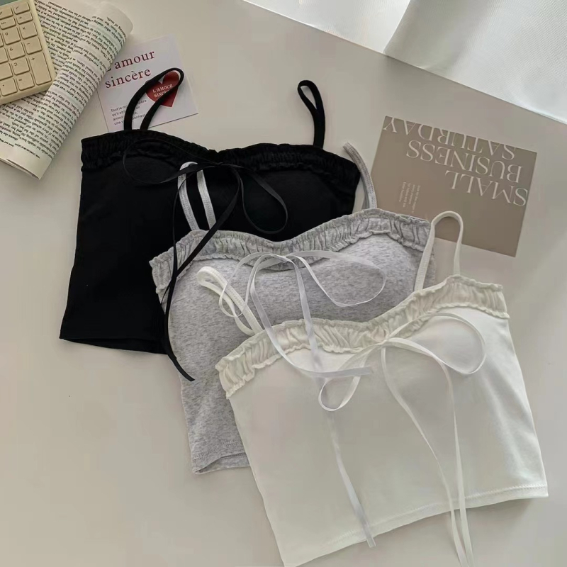 Camisolă din bumbac cu funda, lungime scurtă, cu pernă încorporată pentru bust, croială slim