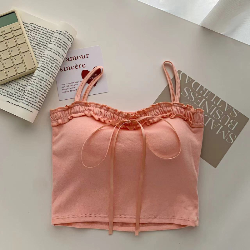 Camisolă din bumbac cu funda, lungime scurtă, cu pernă încorporată pentru bust, croială slim