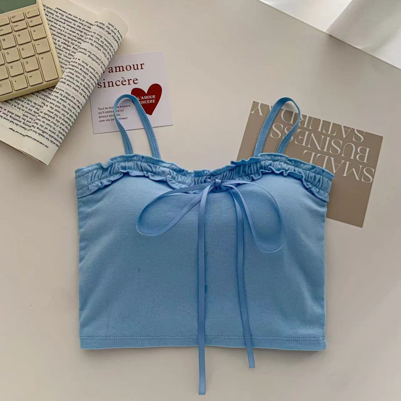 Camisolă din bumbac cu funda, lungime scurtă, cu pernă încorporată pentru bust, croială slim